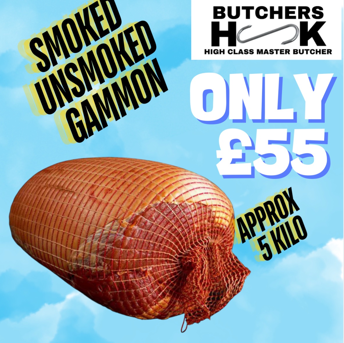 WHOLE SMOKED GAMMON JOINT APPROX 5 kilo Butchers Hook